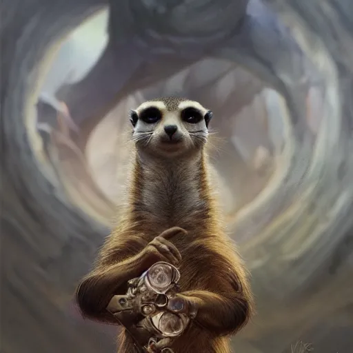 Prompt: Meercat, Anthropomorphized, casting epic spell, magic the gathering artwork, D&D, fantasy, cinematic lighting, centered, symmetrical, highly detailed, digital painting, artstation, concept art, smooth, sharp focus, illustration, volumetric lighting, epic Composition, 8k, art by Akihiko Yoshida and Greg Rutkowski and Craig Mullins, heroic pose, oil painting, cgsociety, magic lab background