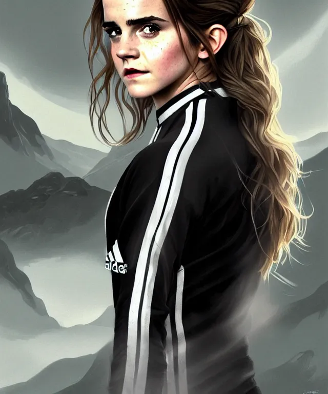 Prompt: a detailed fifty mm portrait of emma watson as a female hobbit in a black adidas track suit with white stripes, headshot, highly detailed, digital painting, artstation, concept art, sharp focus, cinematic lighting, illustration, art by met mangindaan, artgerm and greg rutkowski, alphonse mucha, cgsociety