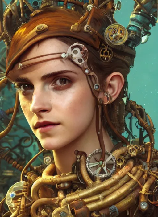 Image similar to underwater steampunk pirate biopunk portrait of emma watson, hyper detailed, digital art, cinematic lighting, studio quality, smooth render, unreal engine 5, octane rendered, art style by klimt and nixeu and ian sprigger and wlop and krenz cushart.