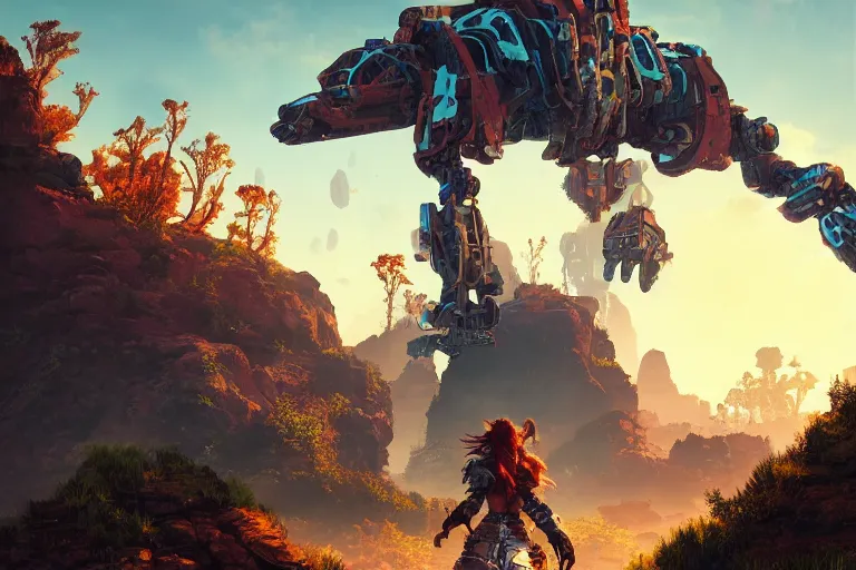 Image similar to rockbreaker machine mecanical creature robot of horizon forbidden west horizon zero dawn radiating a glowing aura global illumination ray tracing hdr fanart arstation by ian pesty and alena aenami artworks in 4 k