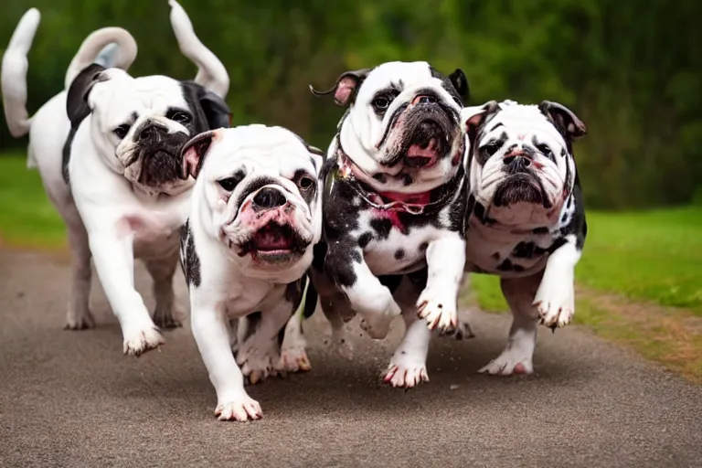 Prompt: bulldogs that are running towards the camera