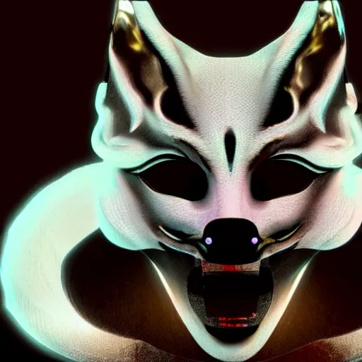 Image similar to a translucent holographic kitsune mask, intricate unreal engine 5 creation, movie still