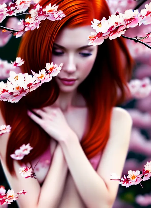 Image similar to photo of a gorgeous female with auburn hair in the style of stefan kostic, realistic, half body shot, sharp focus, 8 k high definition, insanely detailed, intricate, elegant, art by stanley lau and artgerm, extreme blur cherry blossoms background