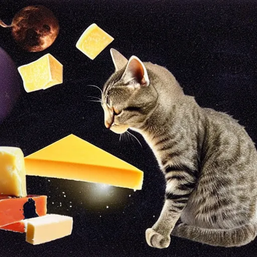 Image similar to cat in a black hole eating cheese with a lightsaber