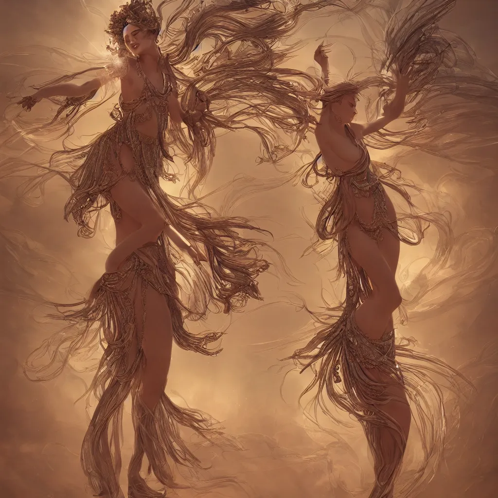 Image similar to goddess dancing in the desert, unreal engine, professional models, symmetrical face, fantasy, surreal, intricate, sharp focus, beautiful, elegant, highly detailed, digital painting, trending on artstation, concept art, smooth and sharp focus, illustration, art by tan zi and ayanamikodon and alphonse mucha and wlop