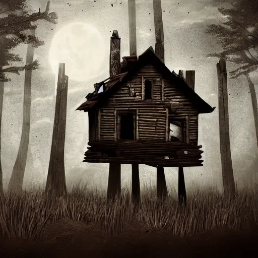 Image similar to an old wooden house standing on giant chicken legs. dark forest of dead trees. night. moonlight. mystery. thrill. photorealistic. hyper detailed. cinematic. epic composition