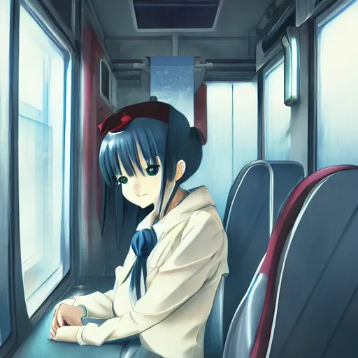 Image similar to portrait of the lone girl sitting in train carriage, anime fantasy illustration by tomoyuki yamasaki, kyoto studio, madhouse, ufotable, trending on artstation