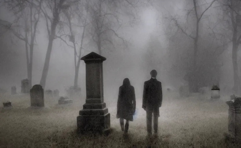 Prompt: a ghost walking though an old cemetary. haunted. night, rain, mist. hyper detailed. movie screencap