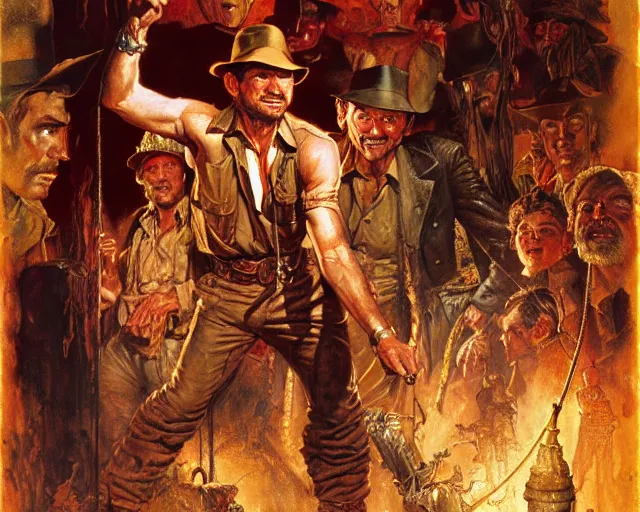 Image similar to indiana jones and the temple of doom, theatrical, hyperdetailed, painting by gaston bussiere, craig mullins, j. c. leyendecker, tom of finland