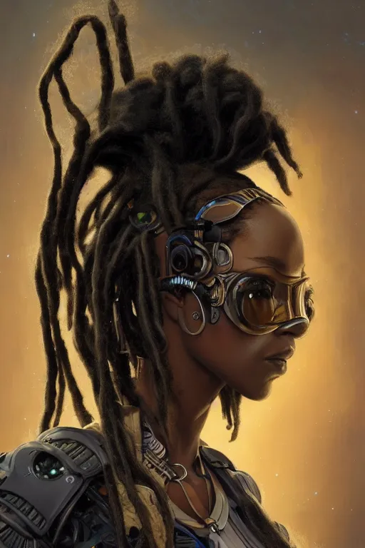 Image similar to ultra realistic illustration, closeup studio photo, black woman with dreads, hacknaut cyberpunk, sci - fi, fantasy, intricate, elegant, highly detailed, digital painting, artstation, concept art, smooth, sharp focus, illustration, art by artgerm and greg rutkowski and alphonse mucha