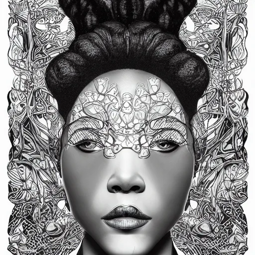 Prompt: the portrait of an absurdly beautiful, graceful, elegant, and sophisticated young black woman made of garlic bulbs, an ultrafine detailed illustration by james jean, intricate linework, bright colors, final fantasy, behance contest winner, vanitas, angular, altermodern, unreal engine 5 highly rendered, global illumination, radiant light, detailed and intricate environment