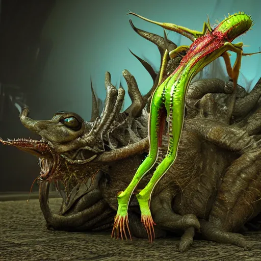 Prompt: a creature, half venus fly trap, half human, biopunk, DOOM inspired, realistic octane render, high detail