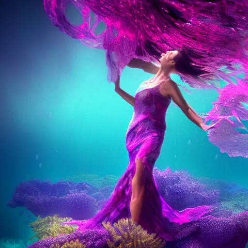 Image similar to beautiful geni morrow dancing underwater wearing a flowing dress made of blue, magenta, and yellow seaweed, delicate coral sea bottom, swirling silver fish, swirling smoke shapes, octane render, caustics lighting from above, cinematic