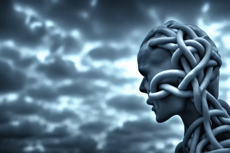 Prompt: gordian knot made out of a humanoid nervous system, clouds, cinematic, volumetric lighting, f 2 aperture, cinematic eastman 5 3 8 4 film, photorealistic