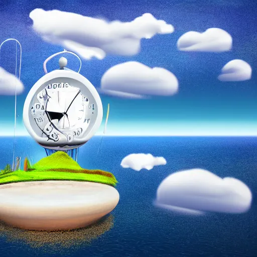 Prompt: a clock floating on an floating island, there are clouds around, it is on earth, on the background there are other floating islands too, cartoony, 4 k resolution, award winning