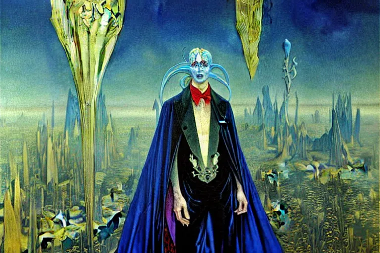 Image similar to realistic extremely detailed portrait painting of an elegantly creepy vampire man in a cape, futuristic sci-fi castle on background by Jean Delville, Amano, Yves Tanguy, Alphonse Mucha, Ernst Haeckel, Edward Robert Hughes, Roger Dean, rich moody colours, blue eyes