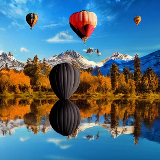 Image similar to photo of two black swans touching heads in a beautiful reflective mountain lake, a colorful hot air balloon is flying above the swans, hot air balloon, intricate, 8k highly professionally detailed, HDR, CGsociety