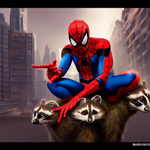 Image similar to spider - man sit on the raccoon and eating donuts, concept art, trending on artstation, highly detailed, intricate, sharp focus, digital art, 8 k