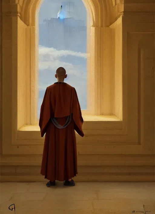 Image similar to oil painting of a dominican monk in brown robes, looking out of a monastery window contemplatively, a majestic cathedral in the background, digital art, artstation, cinematic, golden hour, digital art painting by greg rutkowski