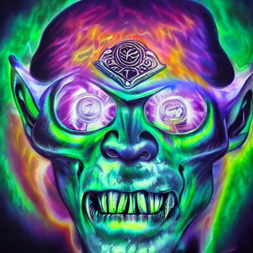 Prompt: psychedelic backlit airbrush artwork of a stylized orc biker