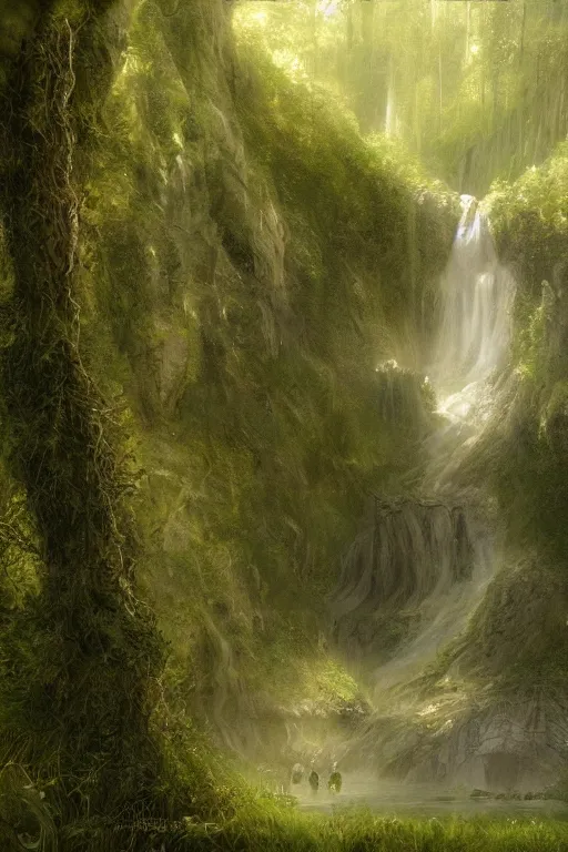 Image similar to Galadriel's glade, detailed matte painting, cinematic, Alan Lee, Artstation