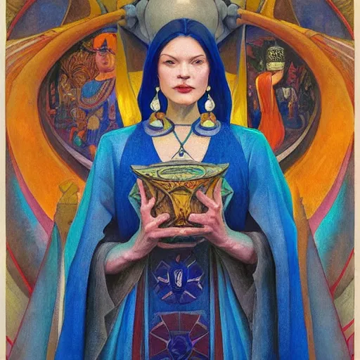 Image similar to queen of the dawn with her lantern and regalia, by donato giancola and nicholas roerich, and diego rivera, symbolist, tattoos, dramatic lighting, elaborate geometric ornament, art brut, god rays, soft cool colors, smooth, sharp focus, extremely detailed