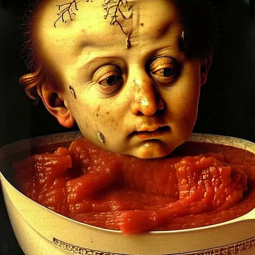 Image similar to a boy sitting in a tub full of tomato sauce, a lot of cabbage, by giuseppe arcimboldo and ambrosius benson, renaissance, portrait, fruit, intricate and intense oil paint, realistic