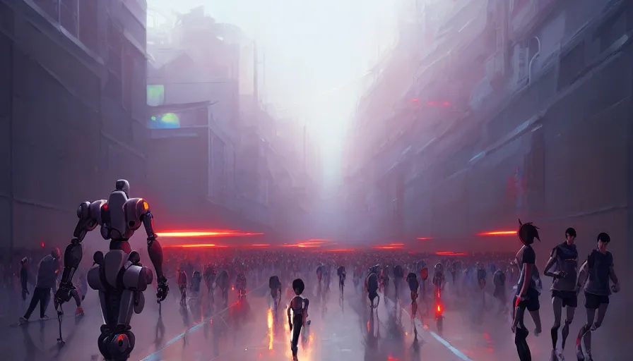 Prompt: marathon with running robots and people, artgerm greg rutkowski makoto shinkai, artstation