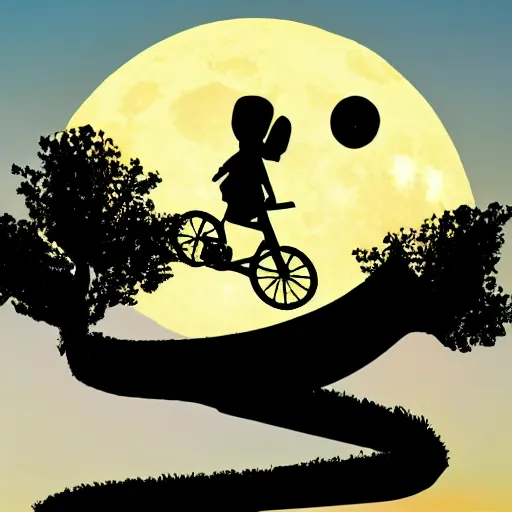 Prompt: a silhouette of an alien making a big jump with bike with a basket in front of it, flying, a silhouette of trees and big grass, big shiny moon on the background at night