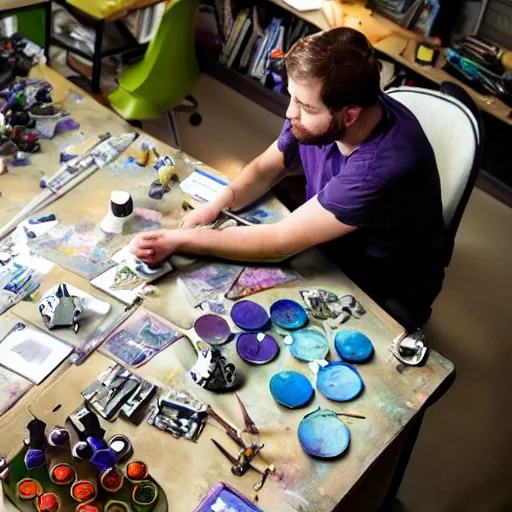 Image similar to violet - haired male game designer who plays blood bowl and paints miniatures, sitting at his untidy working table