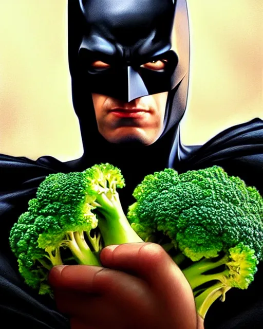 Image similar to Close-up stunning portrait of Batman eating broccoli, digital painting, concept art, highly detailed, digital painting, Trending on Artstation, 8K, by artgerm and greg rutkowski and alphonse mucha