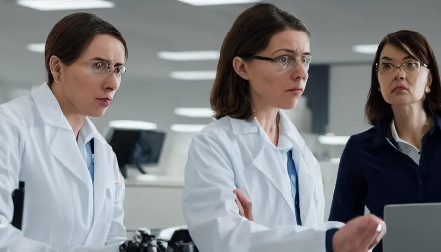 Image similar to big budget action movie about female scientist confronts male ceo about robot photographs