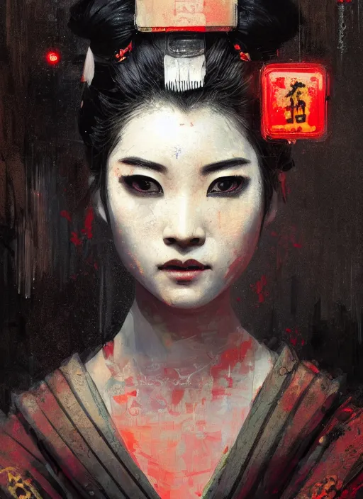 Image similar to female geisha girl, beautiful face, neon, rule of thirds, intricate outfit, spotlight, by greg rutkowski, by jeremy mann, digital painting