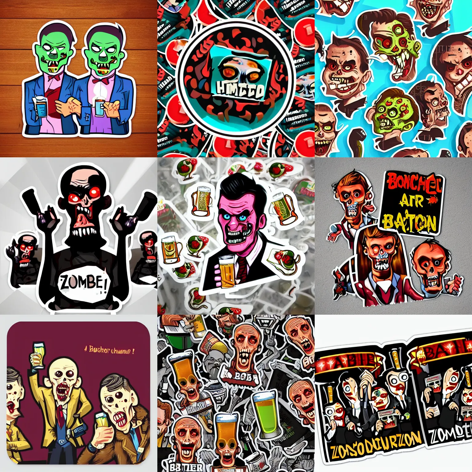 Prompt: award - winning artstation sticker humoristic zombie bachelor party drinking beers retrofuturistic white background