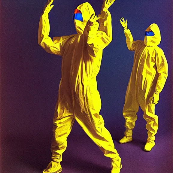 Prompt: two scientists wearing mustard and royal blue rick owens hazmat suits with their hands in their pockets escaping the glowing geometric vortex by frank frazetta. rim lighting. glowing neon lights.