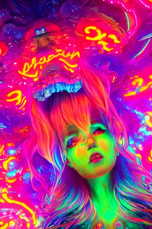 Image similar to a beautiful girl engulfed in colorful neon liquid clouds and neon smoke, a colorful psychedelic experience, psilocybin, dmt, lsd, face, highly detailed, artstation, concept art,, sharp focus, digital art by hana yata, and artem demura and beeple, lisa frank, octane render, unreal engine, 8 k