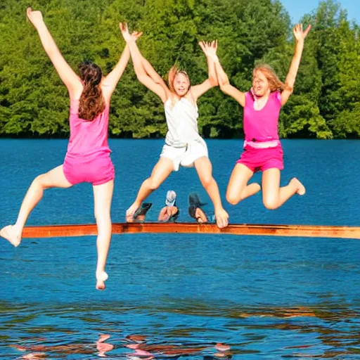 Image similar to girls jumping off a dock into lake silhouette