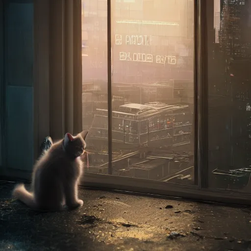 Image similar to Big european shorthair cat and small fluffy kitten from the back in the apartment room looking to window in a cyberpunk city, soft god rays from city lights outside the window, unreal engine 5, soft neon atmosphere, photorealistic, soothing colors, somber melancholic matte painting, hyperrealism, hyperrealistic, cinematic masterpiece, cyberpunk style 8k ultrahd octane render