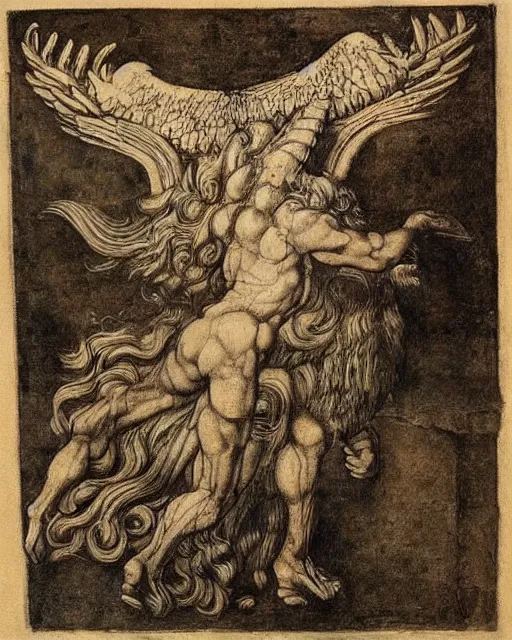 Prompt: human / eagle / lion / ox hybrid with two horns, one big beak, mane, human body. drawn by leonardo da vinci