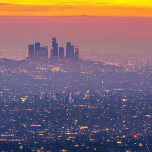 Image similar to photograph of various aircraft over Los Angeles at sunset