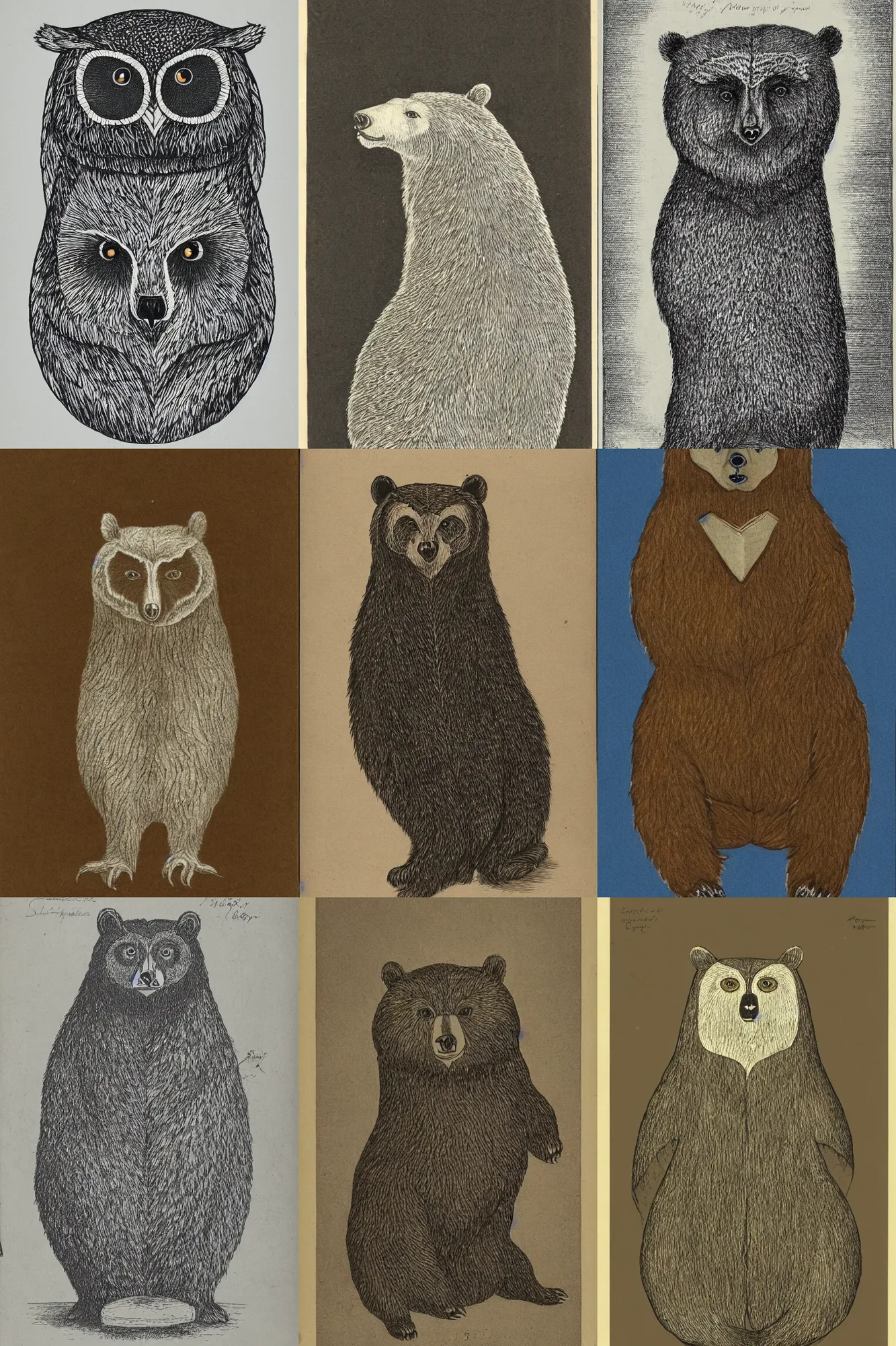 Prompt: a depiction of an bear owl in the style of john singer sergeant and william