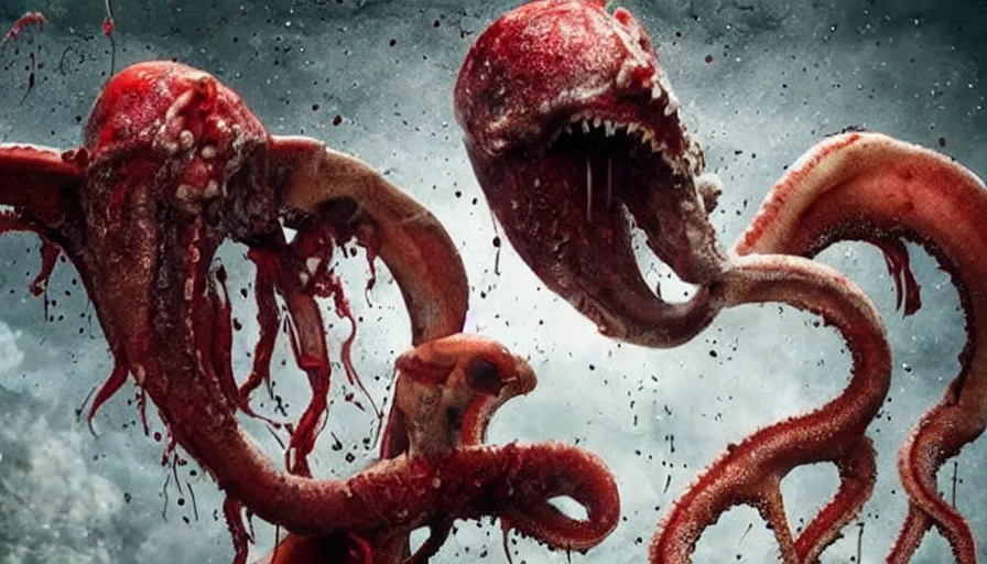 Image similar to Big budget horror movie, an android fights a giant squid, blood is splattering everywhere