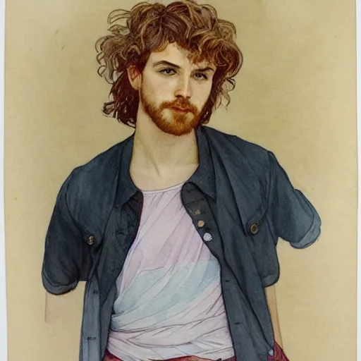 Image similar to watercolor drawing of a young cute handsome beautiful strawberry blond medium very curly thick hair and slight thin facial hair man in his early 2 0 s wearing a blank maroon t - shirt with grey - blue eyes, by elizabeth peyton and alphonse mucha