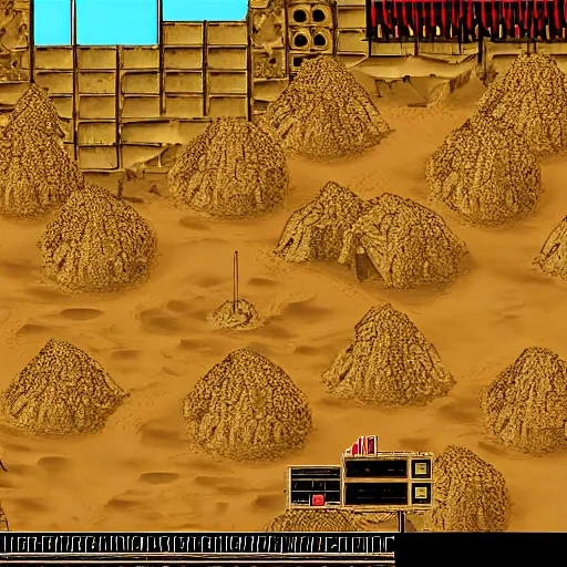 Prompt: HD 16-bit vivid art, of Dune 2 mentat and harvester, at Arrakis, 1990s 2D game graphics, many round shihing gems at the golden border frame