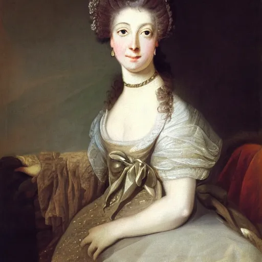 Prompt: portrait of mademoiselle de goudreau ; louise elisabeth vigee le brun ; rococo ; 1 7 8 5