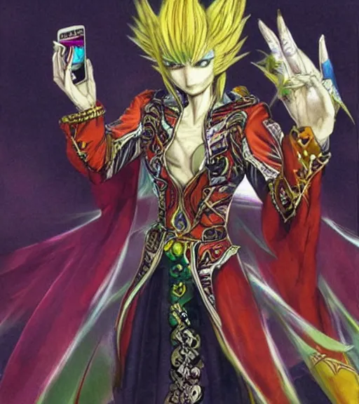 Image similar to kefka palazzo using a smartphone!!!!!!! by yoshitaka amano, concept art