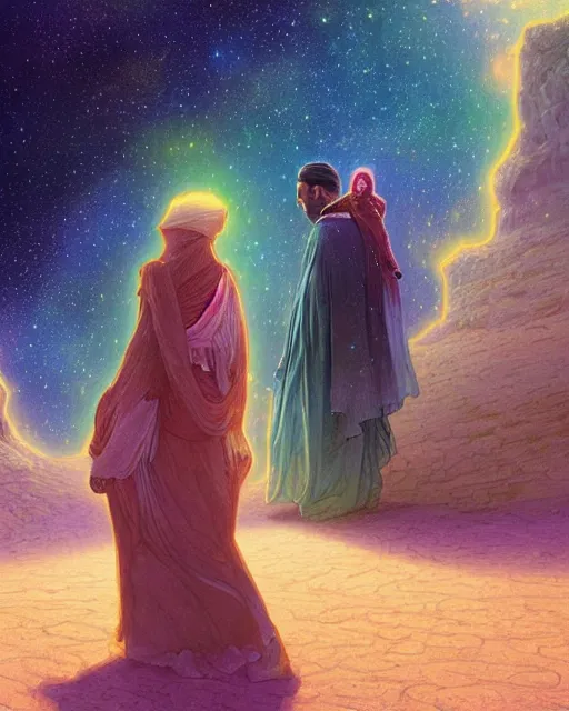 Image similar to bedouin man and woman and child in galaxy walking towards mosque surrounded by nebula, highly detailed, gold filigree, romantic storybook fantasy, soft cinematic lighting, award, disney concept art watercolor illustration by mandy jurgens and alphonse mucha and alena aenami, pastel color palette, featured on artstation