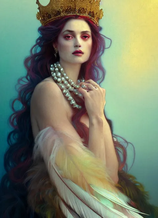 Image similar to ombre velvet gown, feathers, lovely queen, portrait, long hair, small crown, dozens of large pearl necklaces, feral languid woman, by greg rutkowski, anato finnstark, alphonse mucha, global illumination, radiant light
