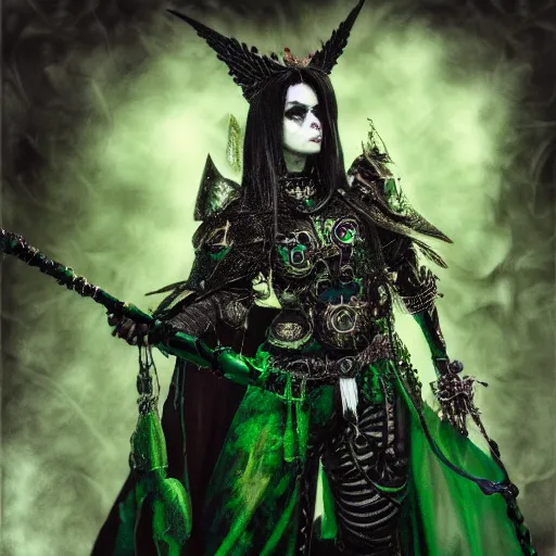Prompt: close up portrait of fairuza balk as a high priestess necromancer in the style of chaos in warhammer 4 0 k, flowing robe, jewel encrusted chestplate, green black grey and white palette, lolth, dnd, character art
