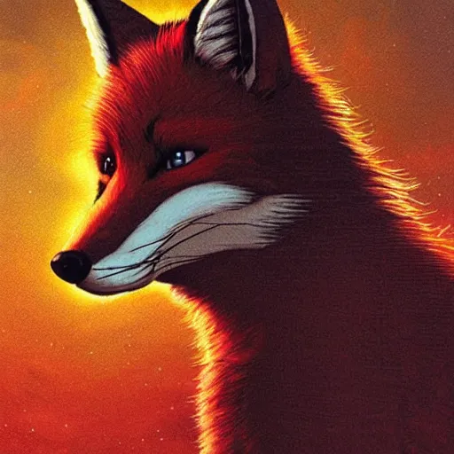 Image similar to a portrait of fox mccloud by peter elson, furry art : he is looking to the side, profile, with a sci fi city background by syd dutton